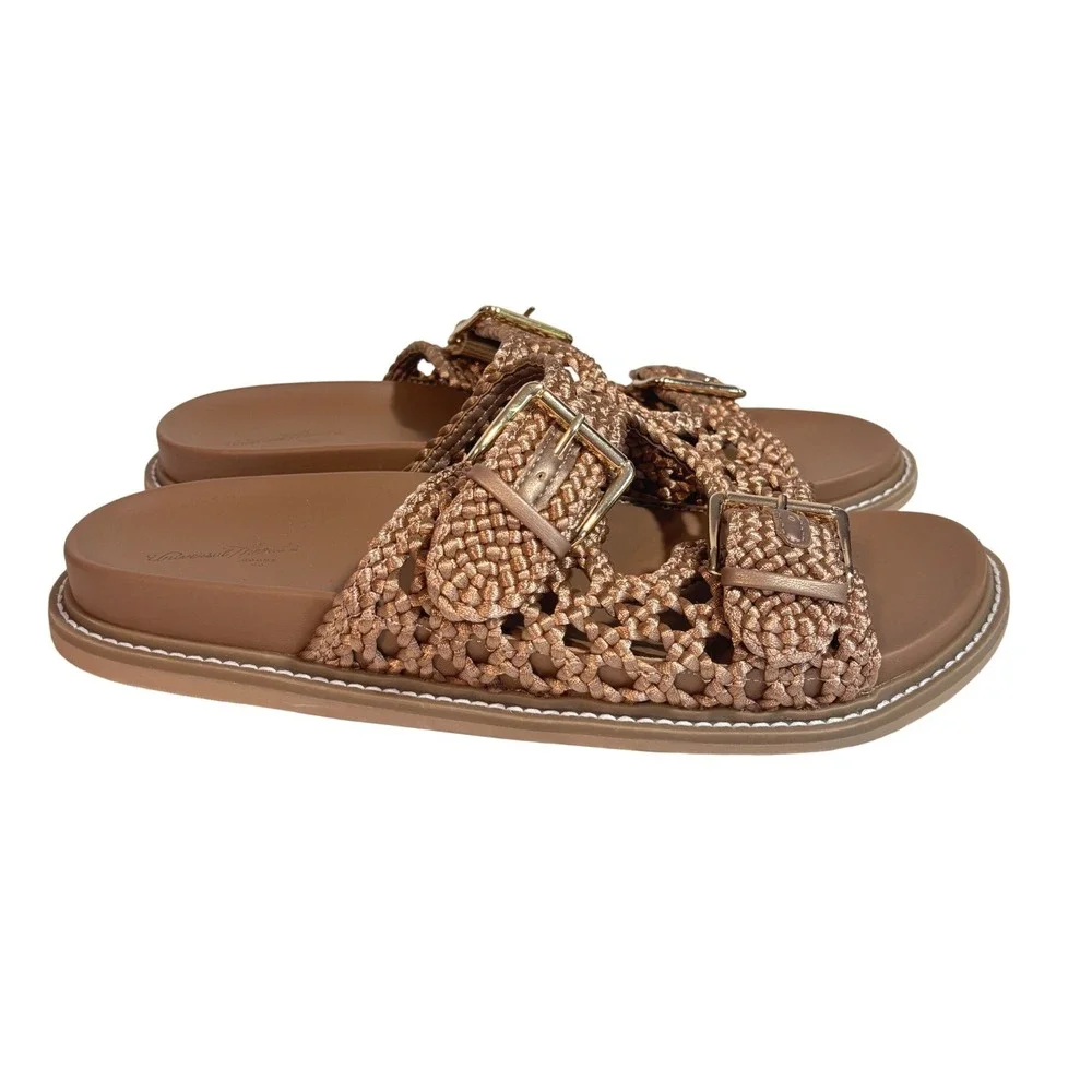 Universal Thread Kylie Tan Bronze Woven Double Buckle Slide Sandals Size 11